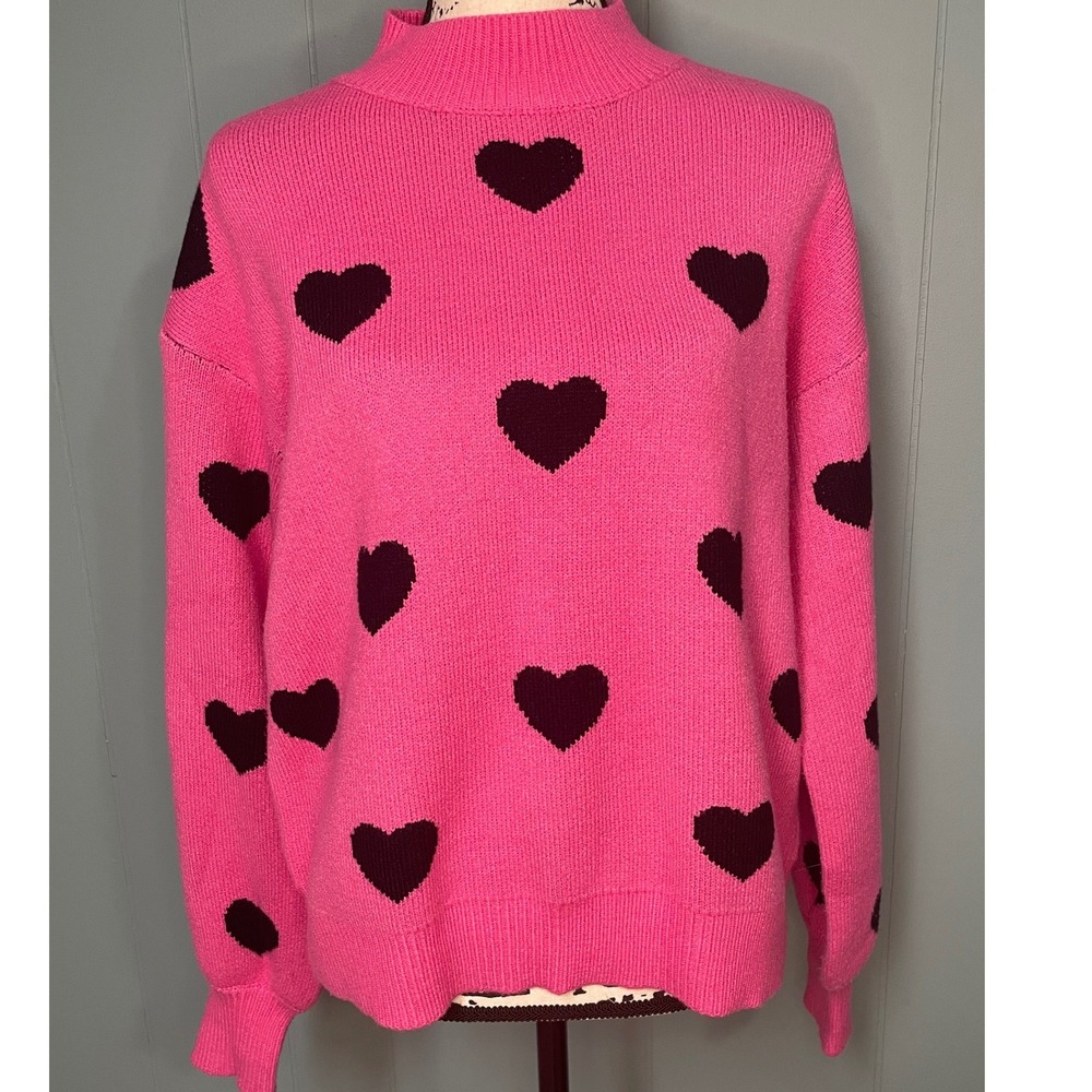 Unbranded Heart Print Sweater Women Medium Pink Black Mock‎ Neck Excellent Knit